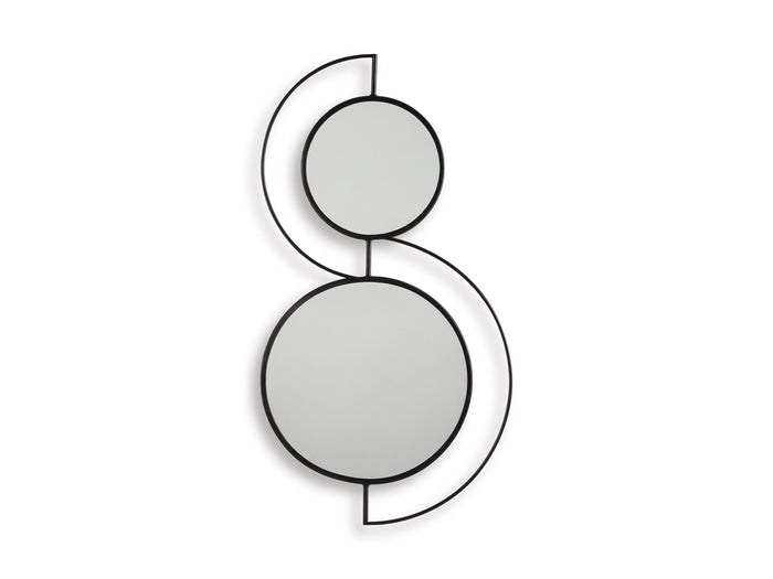 Decorative accent mirror with two stacked circles and thin black metal outlines