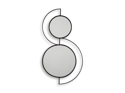 Decorative accent mirror with two stacked circles and thin black metal outlines