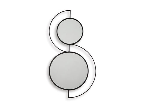 Decorative accent mirror with two stacked circles and thin black metal outlines