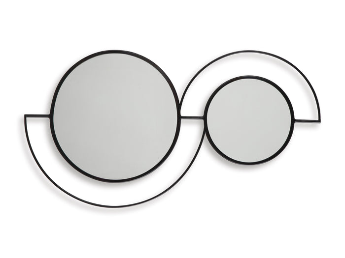 Decorative accent mirror with two side-by-side circular mirrors in black frames