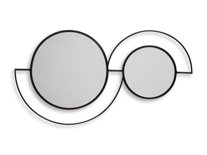 Decorative accent mirror with two side-by-side circular mirrors in black frames
