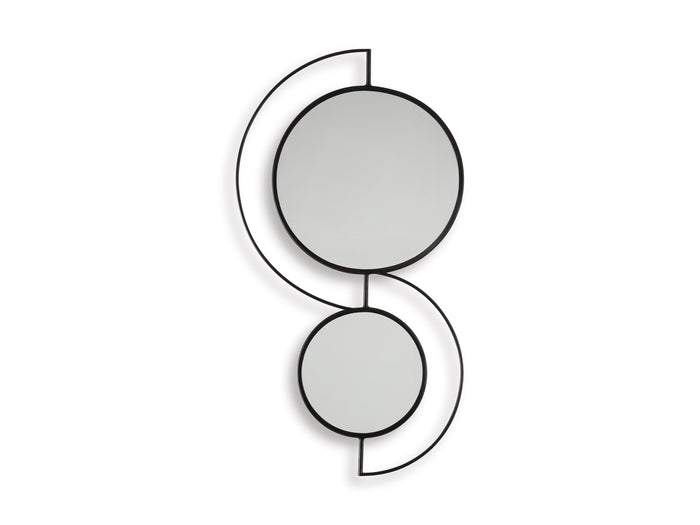 Decorative accent mirror with two stacked circular mirrors and thin black frames