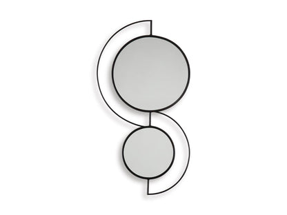 Decorative accent mirror with two stacked circular mirrors and thin black frames