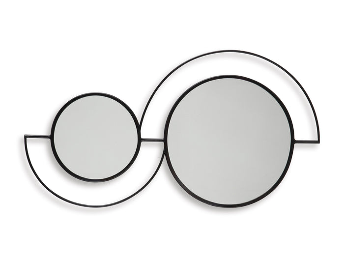Decorative accent mirror with two overlapping circles in black metal frames