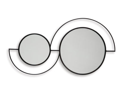 Decorative accent mirror with two overlapping circles in black metal frames