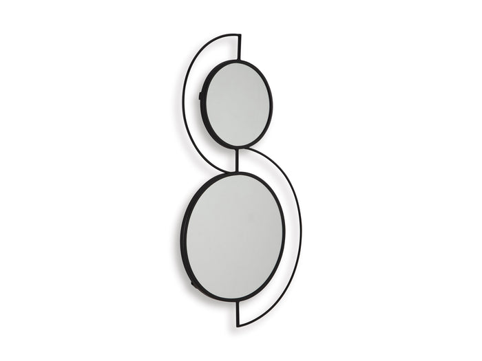 Decorative accent mirror with two circular mirrors and thin black metal outlines