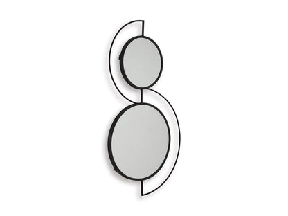 Decorative accent mirror with two circular mirrors and thin black metal outlines