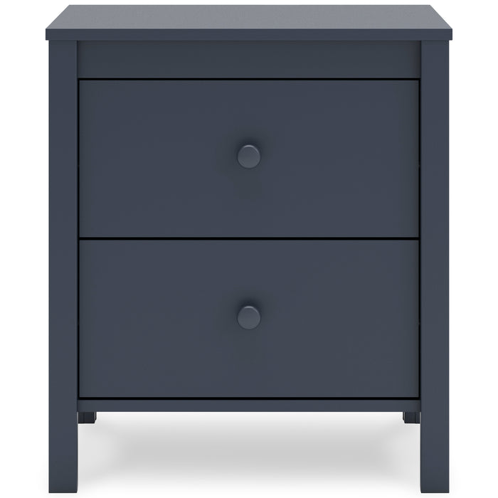 Dark blue nightstand front view featuring two drawers with round knobs.