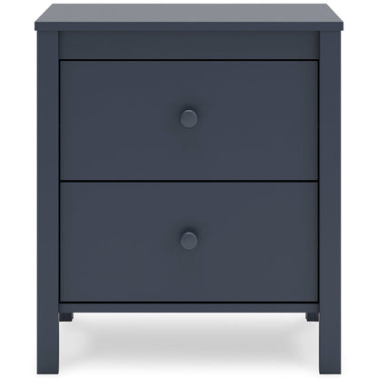 Dark blue nightstand front view featuring two drawers with round knobs.