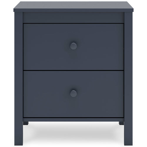 Dark blue nightstand front view featuring two drawers with round knobs.