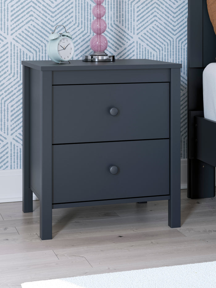 Dark blue nightstand with two drawers and round knobs, straight legs.