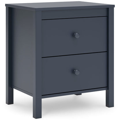 Dark blue nightstand front view with two drawers and round knobs.