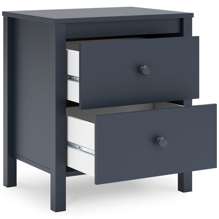 Dark blue nightstand with open drawers showing two compartments and round knobs.