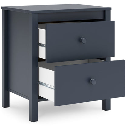Dark blue nightstand with open drawers showing two compartments and round knobs.