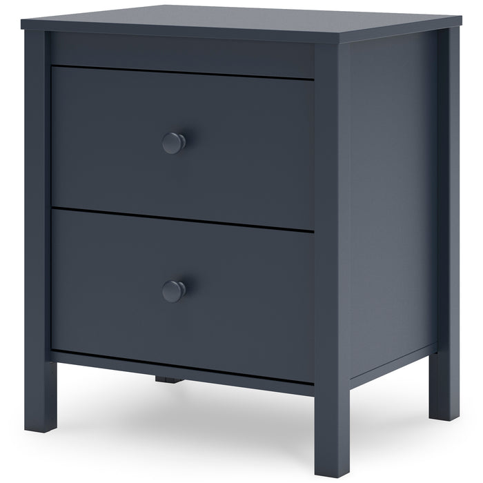 Dark blue nightstand with two drawers and round knobs, side view.