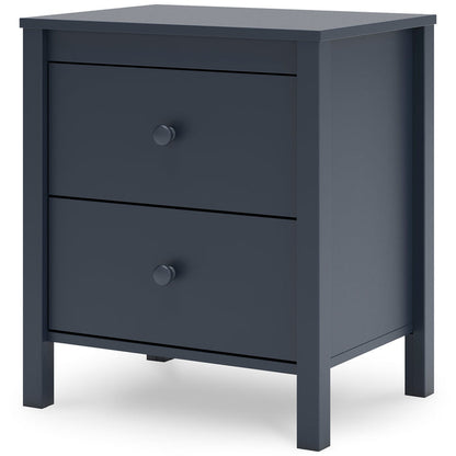 Dark blue nightstand with two drawers and round knobs, side view.