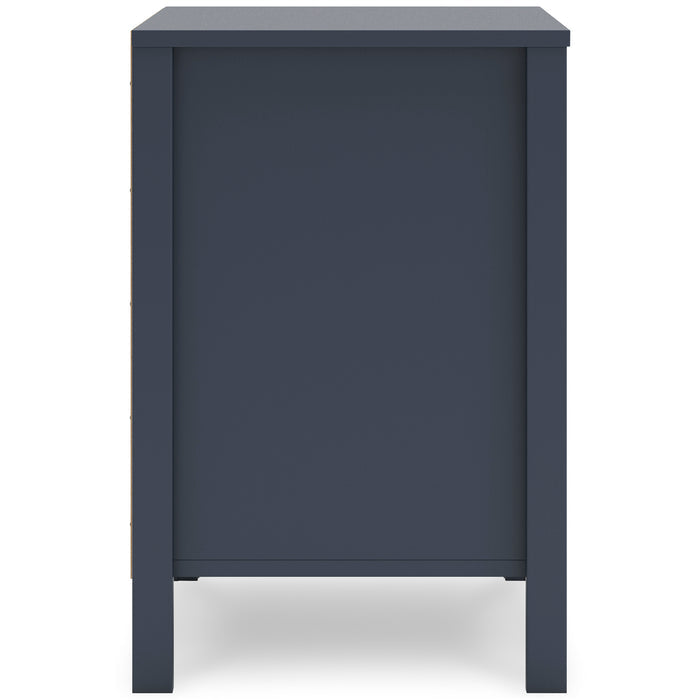 Dark blue nightstand side panel view with bottom clearance and legs.