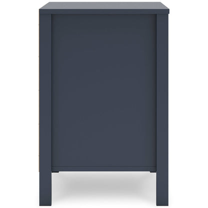 Dark blue nightstand side panel view with bottom clearance and legs.