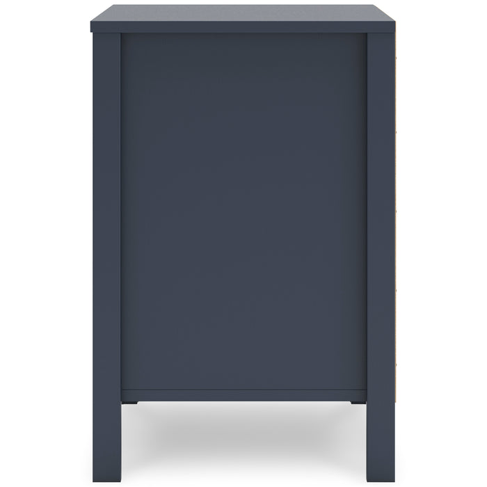 Dark blue nightstand side panel view with bottom clearance and legs.