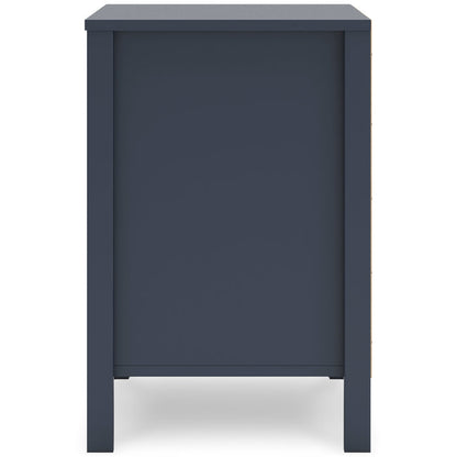 Dark blue nightstand side panel view with bottom clearance and legs.