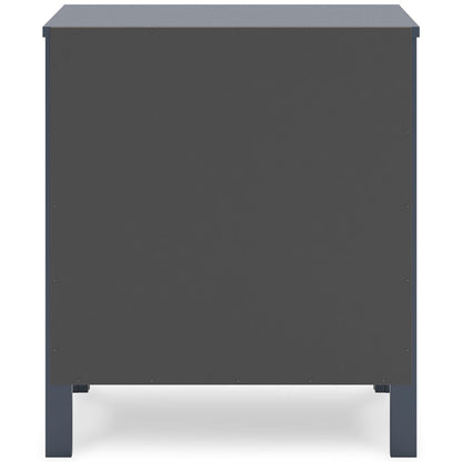 Dark blue nightstand back panel view with four sturdy legs.