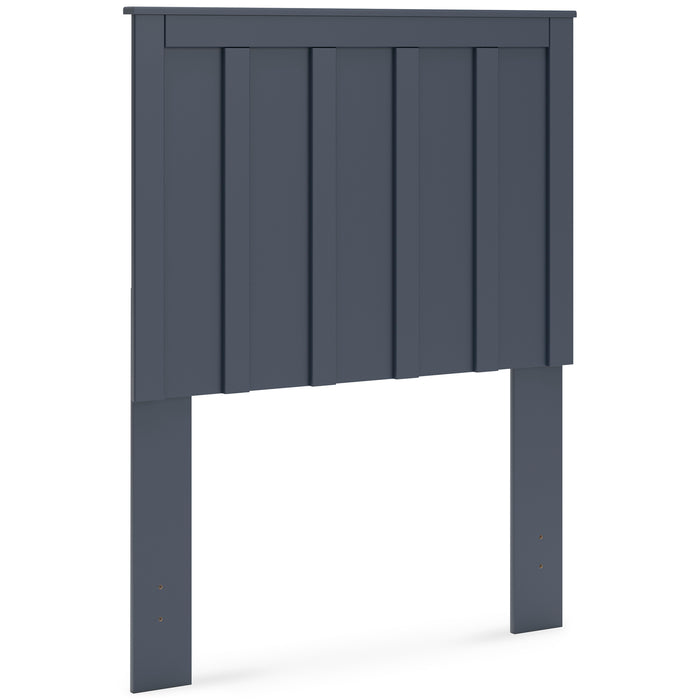 Blue panel headboard with vertical panel accents, flat top rail, four legs