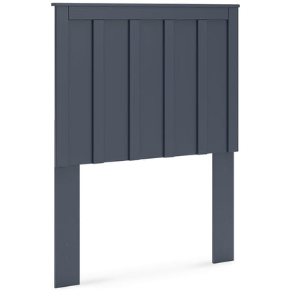 Blue panel headboard with vertical panel accents, flat top rail, four legs
