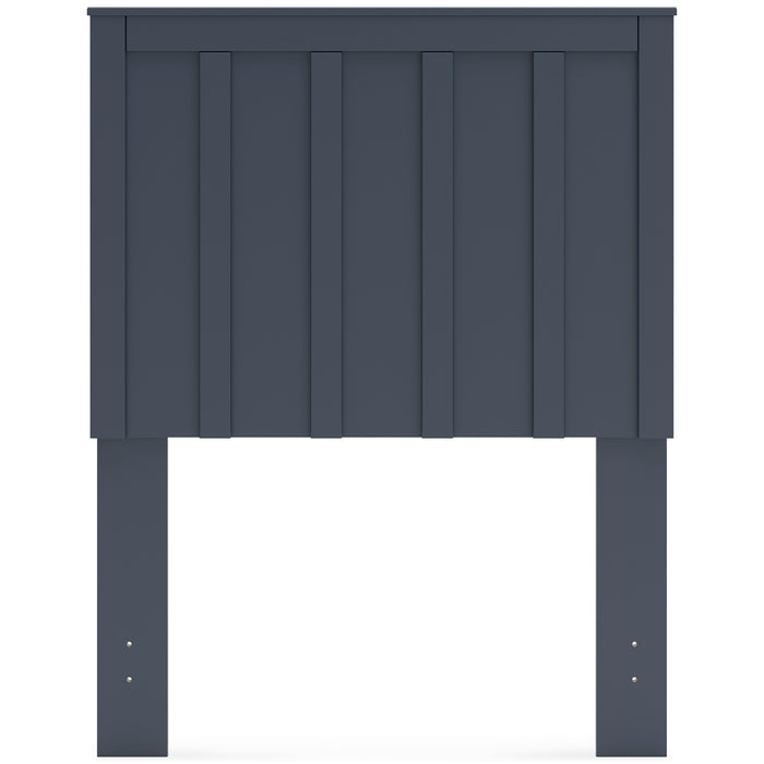 Dark blue panel headboard with recessed vertical panels and sturdy square legs