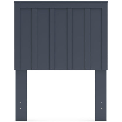 Dark blue panel headboard with recessed vertical panels and sturdy square legs
