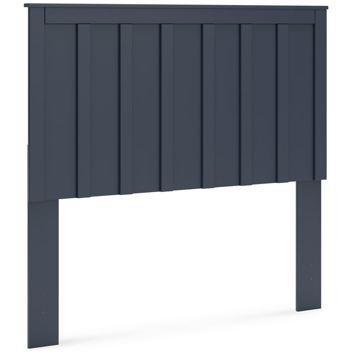 Blue panel headboard with multiple vertical panels and thick side legs