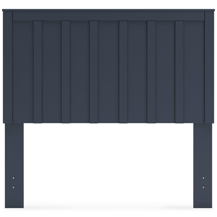 Blue panel headboard with vertical paneling and wide front frame, four legs