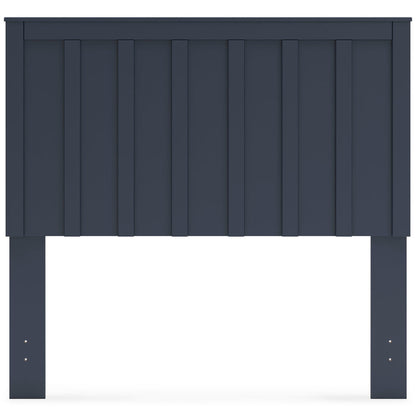 Blue panel headboard with vertical paneling and wide front frame, four legs