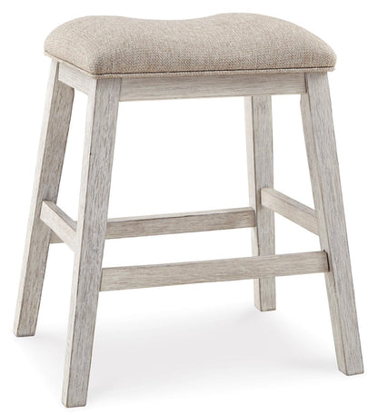 Counter-height bar stool, light gray legs, beige upholstered seat
