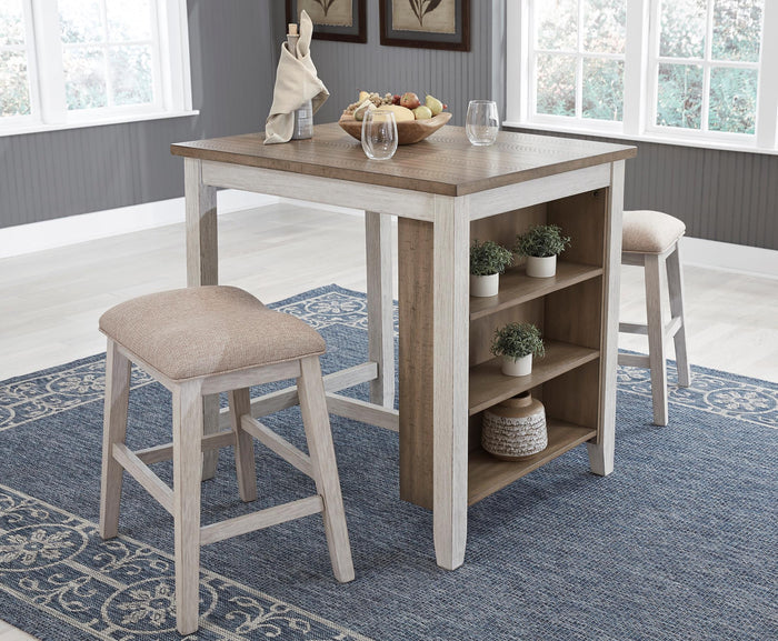 Counter-height bar stool with beige padded seat and light gray wood frame
