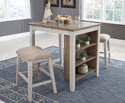 Counter-height bar stool with beige padded seat and light gray wood frame
