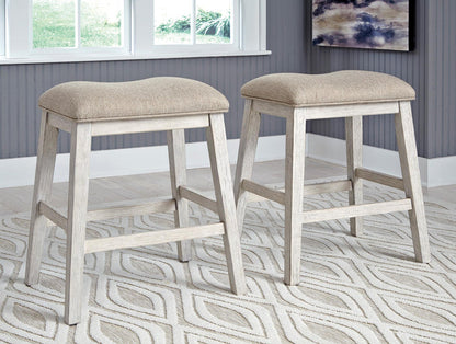Set of 2 counter-height bar stools with beige upholstered seats and light gray frames