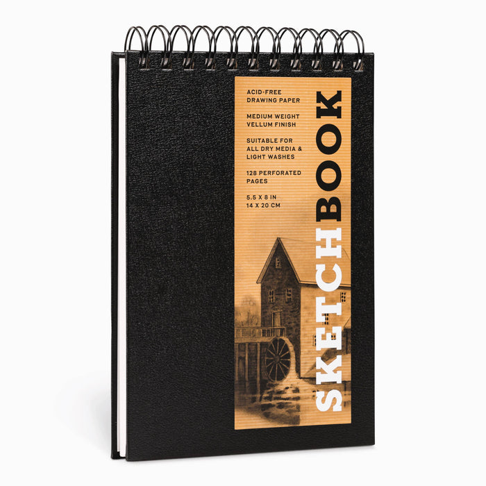 A black spiral-bound small sketchbook with a Basic Spiral Fliptop Landscape cover design, sized 8x5.5 inches.