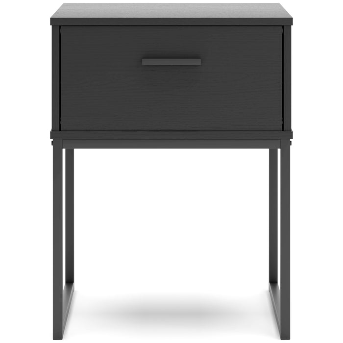 Black nightstand with one drawer and metal bar pull, raised on four legs.