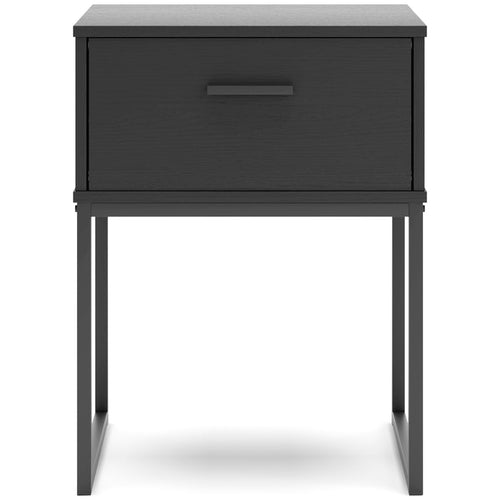 Black nightstand with one drawer and metal bar pull, raised on four legs.