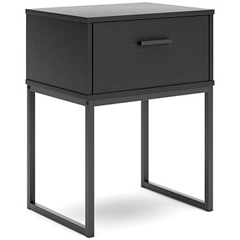 Black nightstand with one drawer, metal bar handle, and tapered legs.