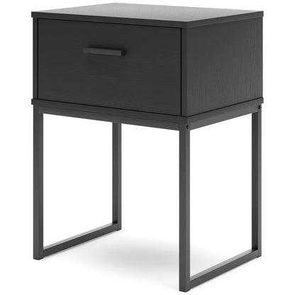 Black nightstand with one drawer and metal bar pull, supported by four angled legs.