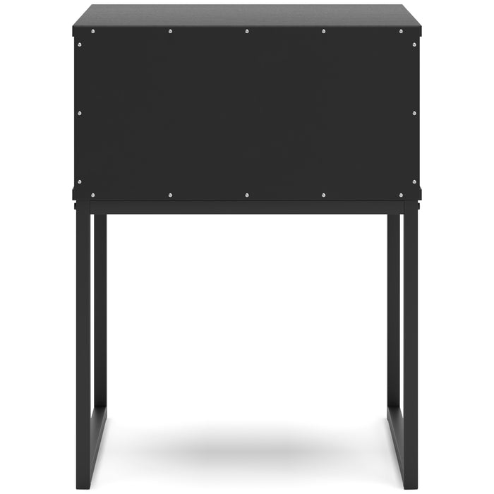 Black nightstand with one drawer and metal bar pull, top panel and back view details.