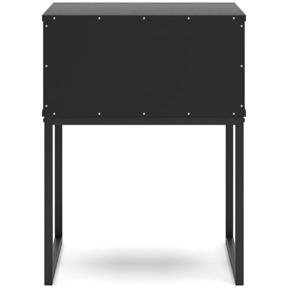 Black nightstand with one drawer and metal bar pull, top panel and back view details.