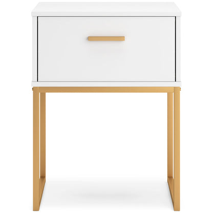 White nightstand with one drawer, gold-tone bar pull, and light wood legs.