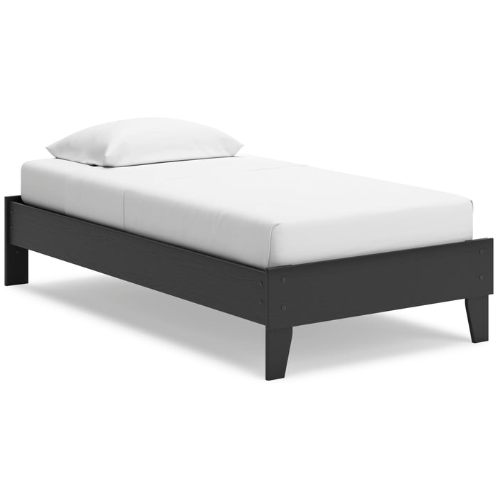 Socalle platform bed with black frame and white upholstered mattress and pillow