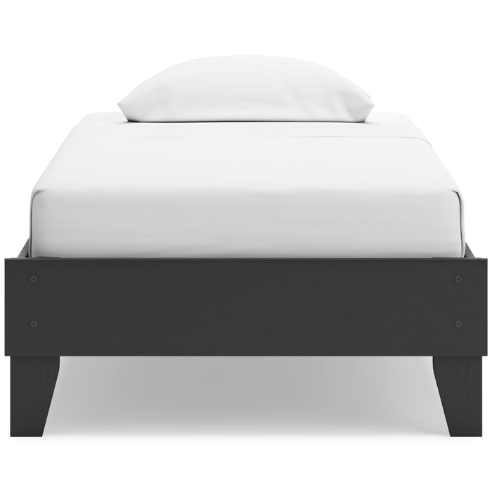 Socalle platform bed front view with black headboard and white upholstered mattress