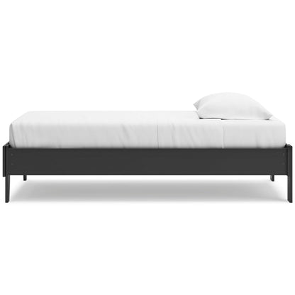 Socalle platform bed side view with black frame and white upholstered mattress