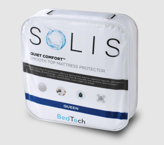 Queen mattress protector package pouch, white with blue stripe and product label
