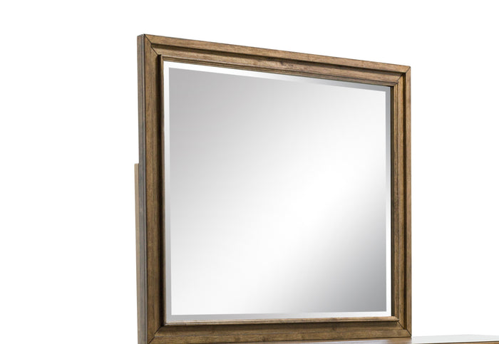 Bedroom mirror with dark wood frame and simple rectangular border
