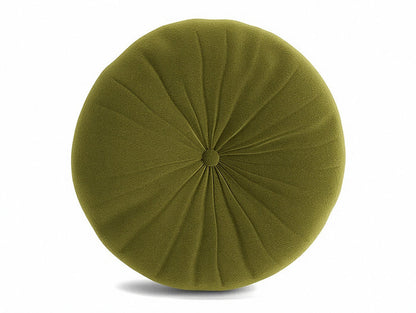 Olive green round tufted pillow with stitched pleat pattern and central button